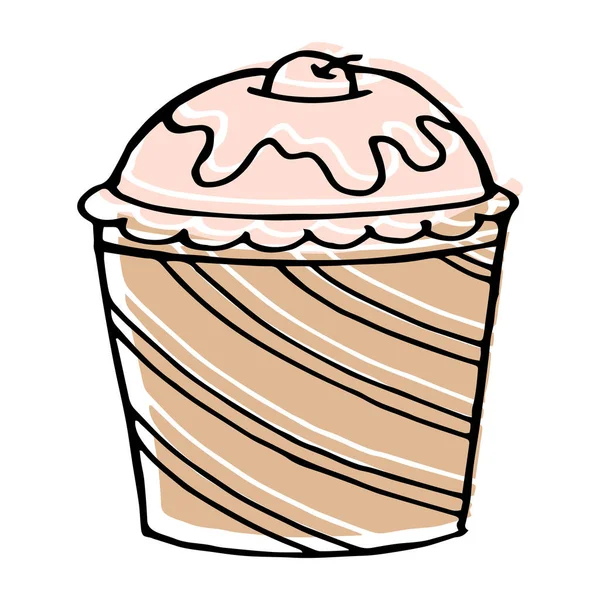 Illustrazione Cupcake Disegnato Mano Con Panna Frutta Nero Contorno Colori — Vettoriale Stock