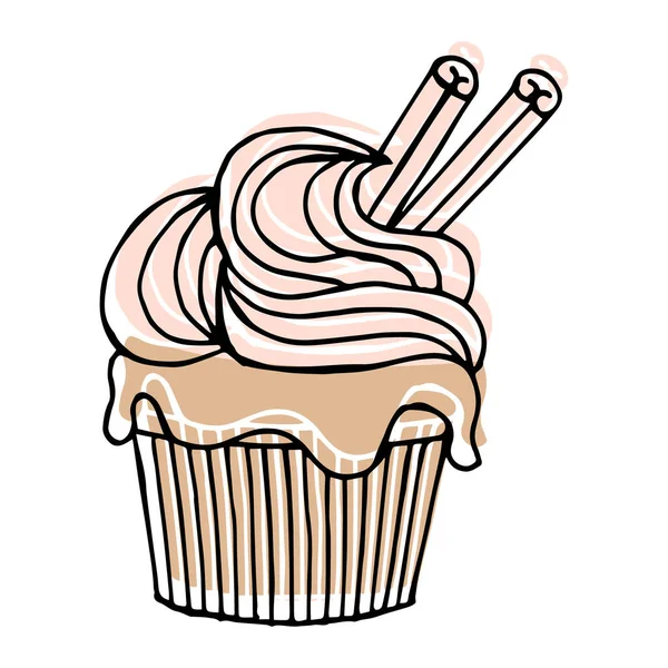 イラスト クリームや果物と手描きカップケーキ 黒のアウトラインとパステルカラー アイコン お菓子 パン屋さん カフェのデザイン — ストックベクタ