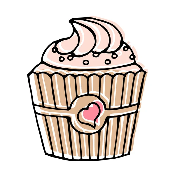 Illustration Handgezeichneter Cupcake Mit Sahne Und Früchten Schwarze Umrisse Und — Stockvektor