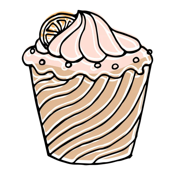 Εικονογράφηση Χειροποίητο Cupcake Κρέμα Και Φρούτα Μαύρο Περίγραμμα Και Παστέλ — Διανυσματικό Αρχείο