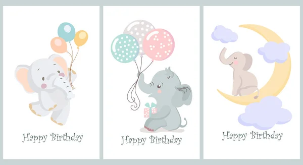 Zestaw Kart Dla Dzieci Wszystkiego Najlepszego Urodziny Słodkie Słonie Balonami — Wektor stockowy