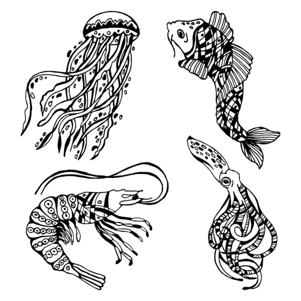 Zestaw Ręcznie Rysowane Zwierzęta Morskie Ornament Czarny Zarys Ryby Meduzy — Wektor stockowy