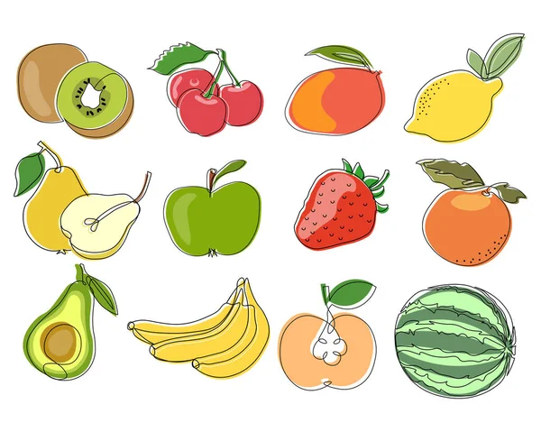 Big Set Fruits Line Art Added Color Pear Mango Strawberry — Stock Vector