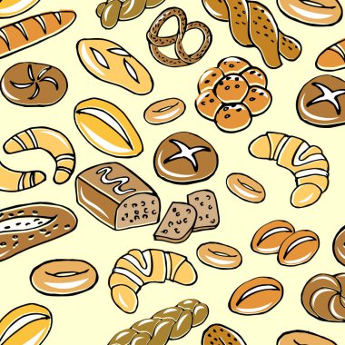 Kusursuz bir desen, çeşitli şekillerde el yapımı ekmek, rulo, simit, açık arkaplanda baget. Bir fırın için tasarım. Tekstil, kağıt.