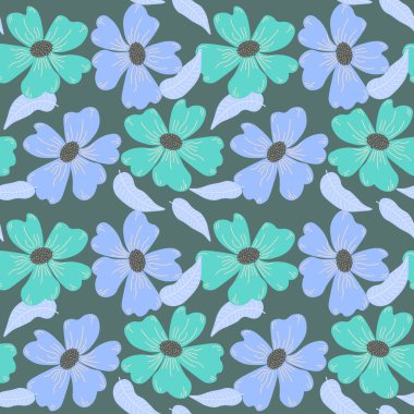 Kusursuz desen, mavi çiçekler ve turkuaz arka planda yapraklar. Yazdır, tekstil, duvar kağıdı, kağıt