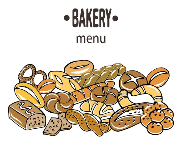 Illustration Pain Dessiné Main Différents Types Petits Pains Bagels Baguettes — Image vectorielle