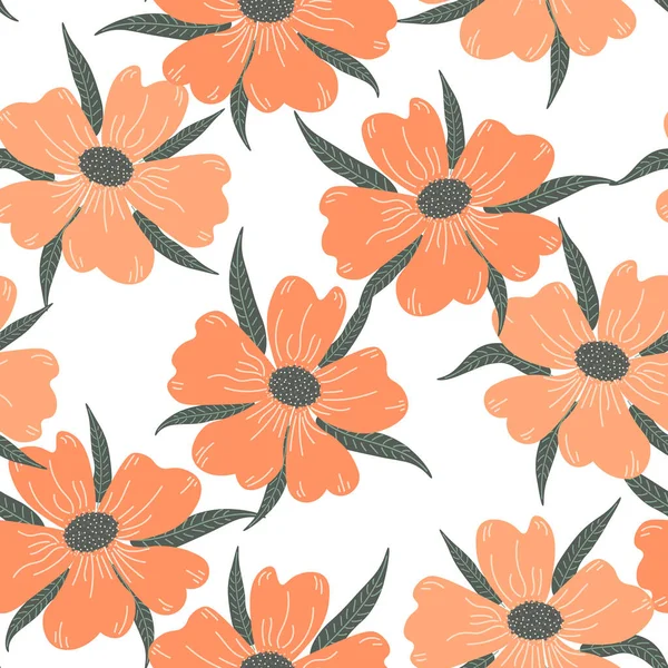 Motif Sans Couture Fleurs Orange Peintes Feuilles Grises Sur Fond — Image vectorielle