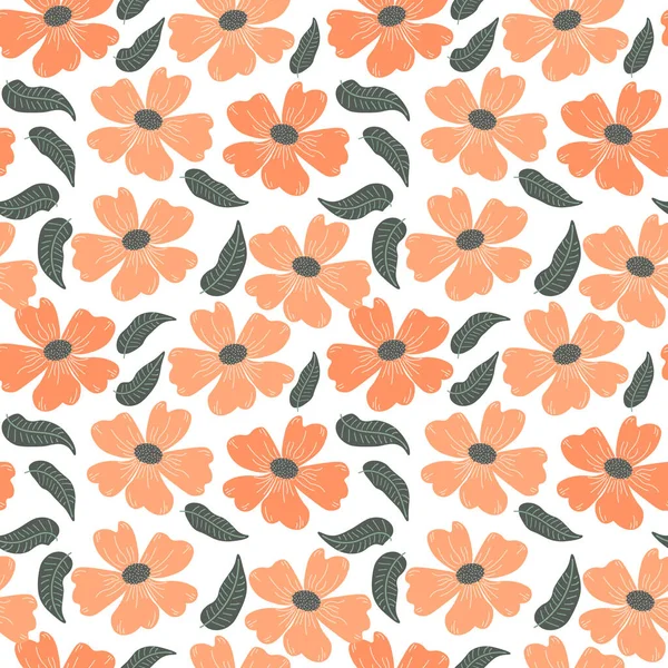 Motif Sans Couture Fleurs Orange Peintes Feuilles Grises Sur Fond — Image vectorielle