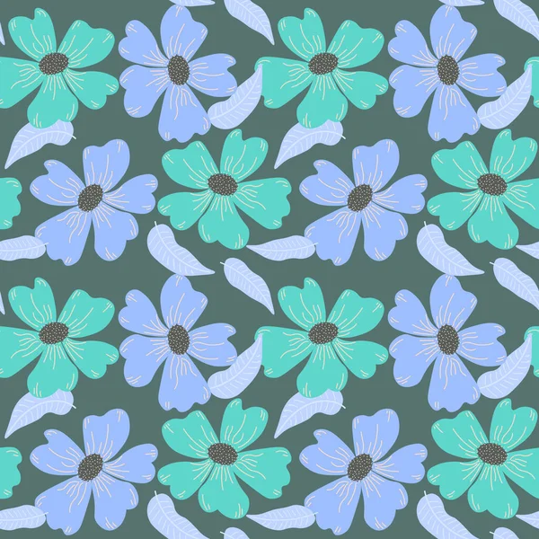 Motif Sans Couture Fleurs Feuilles Bleues Peintes Sur Fond Turquoise — Image vectorielle