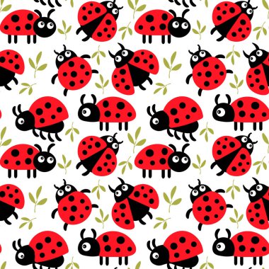 Çocuklar için kusursuz desenler, sevimli komik uğur böcekleri, beyaz arka planda yapraklar. Parmak izi, çocuk odası için dekor, tekstil.