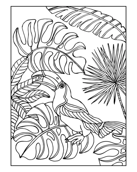 Desenhe Pássaro Tucano Desenhado Fundo Das Folhas Tropicais Ilustração Para —  Vetores de Stock