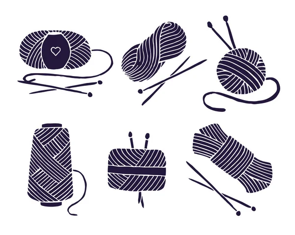 ニット 手描きのスキン 糸の玉 編み針をテーマにしたアイコンのセット 白を基調とした青 — ストックベクタ