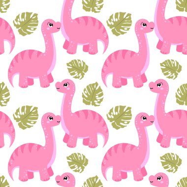 Kusursuz desen, sevimli pembe dinozorlar ve tropikal yapraklar, pastel renkler. Çocuk baskısı, tekstil, çocuk odası dekorasyonu.