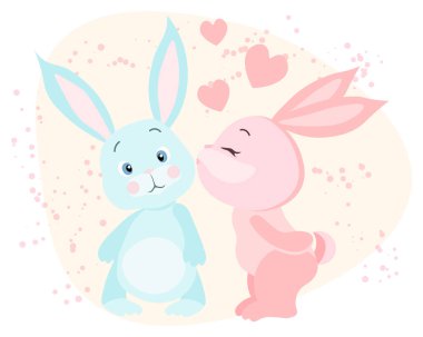 Aşk illüstrasyonu, sevimli pembe tavşancık mavi tavşanı ve kalpleri öpüyor. Bebek baskısı, kartpostal, çocuk odası dekorasyonu.