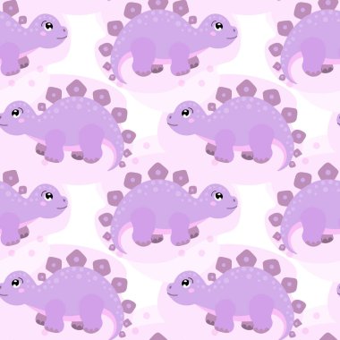 Kusursuz desen, soyut bir arka planda sevimli leylak dinozorlar, pastel renkler. Çocuk baskısı, tekstil, çocuk odası dekorasyonu.