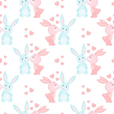 Kusursuz desenli aşk, sevimli pembe tavşan mavi bir tavşanı ve kalpleri öpüyor. Çocuk baskısı, tekstil, çocuk odası dekorasyonu.