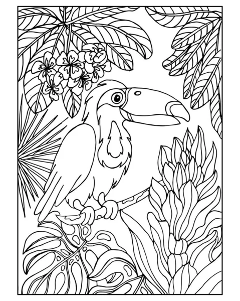 Dibujo Dibujado Divertido Pájaro Tucán Sobre Fondo Flores Tropicales Hojas — Vector de stock