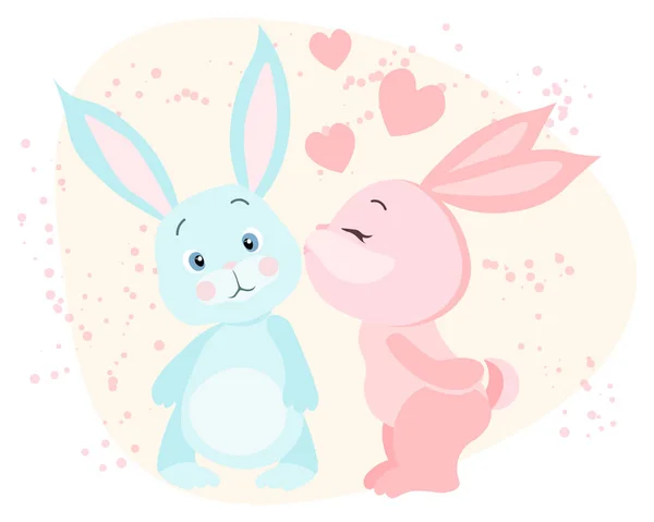 Love Illustration Süße Rosa Hase Küsst Blauen Hasen Und Herzen — Stockvektor