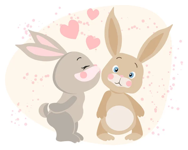 Illustration Niedliche Verliebte Hasen Kuss Und Herzen Kinderdruck Postkarte Kinderzimmer — Stockvektor