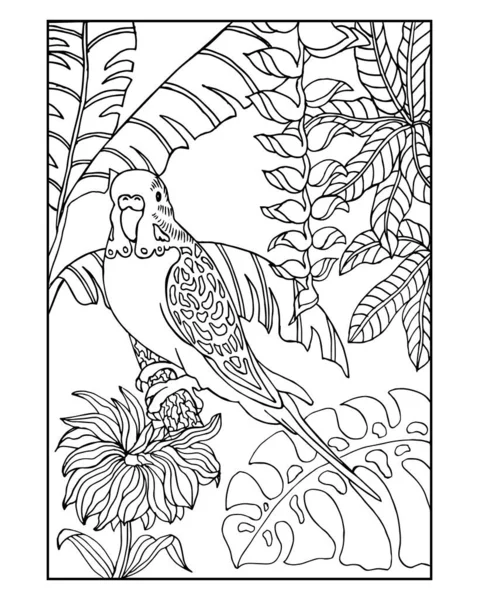 在热带花卉和树叶背景上手绘的鹦鹉鸟草图 彩色书 抗压图解 — 图库矢量图片