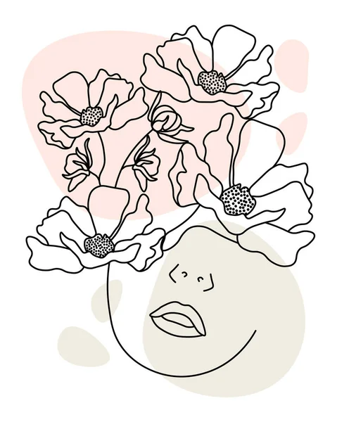 Linjekonst För Internationella Kvinnodagen Tecknad Kvinnor Med Blommor Svarta Konturer — Stock vektor