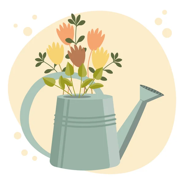 Ilustrace Téma Zahrady Malované Zavlažování Plechovka Kyticí Různých Květin Abstraktním — Stockový vektor
