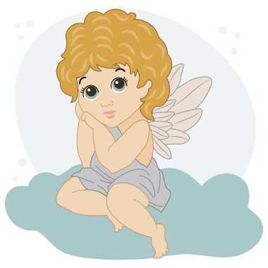 İllüzyon, bulutların üzerindeki sevimli üzgün melek. Kutlama kartı, tatil etkinlikleri için dekor. Pastel renkler