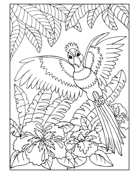 Ręcznie Rysowany Ptak Papuga Tle Tropikalnych Kwiatów Liści Ilustracja Kolorowanki — Wektor stockowy