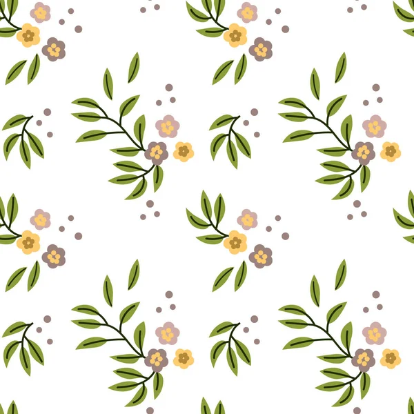 Seamless Pattern Small Yellow Gray Flowers Sprigs Leaves White Background — Stock Vector