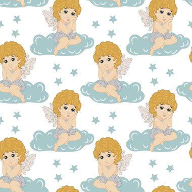 Kusursuz desen, bulutların üzerine yıldızlı tatlı üzgün melekler çizilmiş. Tekstil, duvar kâğıdı, tatil dekorasyonu