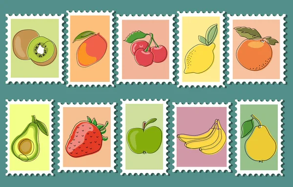 Conjunto Sellos Postales Con Imágenes Varias Frutas Iconos Decoración Navideña — Vector de stock