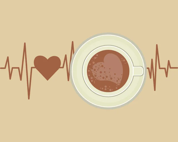 Иллюстрация Чашка Кофе Блюдце Фоне Кардиограммы Сердцем Бежевые Оттенки Любовь — стоковый вектор