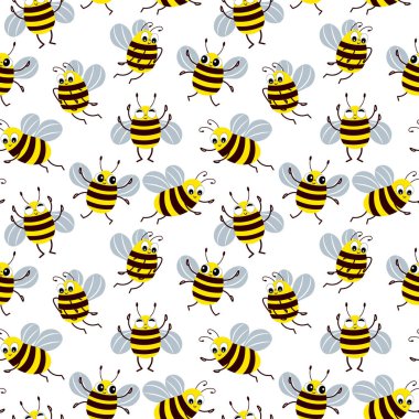 Kusursuz desen, beyaz arka planda sevimli komik arılar. Çocuk tekstili, parmak izi, çocuk odası dekorasyonu.