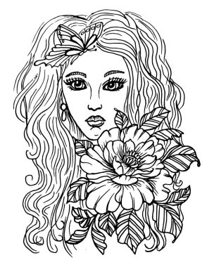 Şakayık çiçekli ve kelebekli uzun saçlı kız. Robot resim. Kartpostallar, posterler için siyah beyaz çizimler