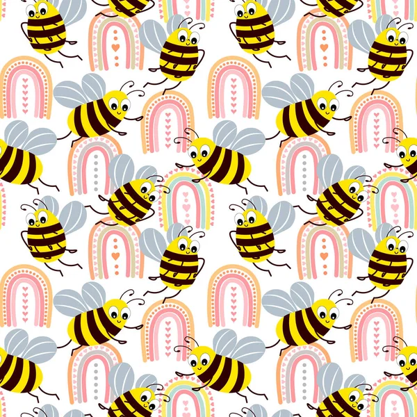 Patrón Sin Costuras Lindas Abejas Divertidas Arcoíris Textiles Para Niños — Archivo Imágenes Vectoriales