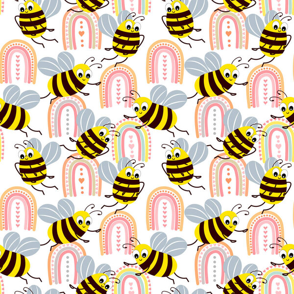 Бесшовный рисунок, милые смешные пчелы и радуги. Детский текстиль, печать, декор детской спальни