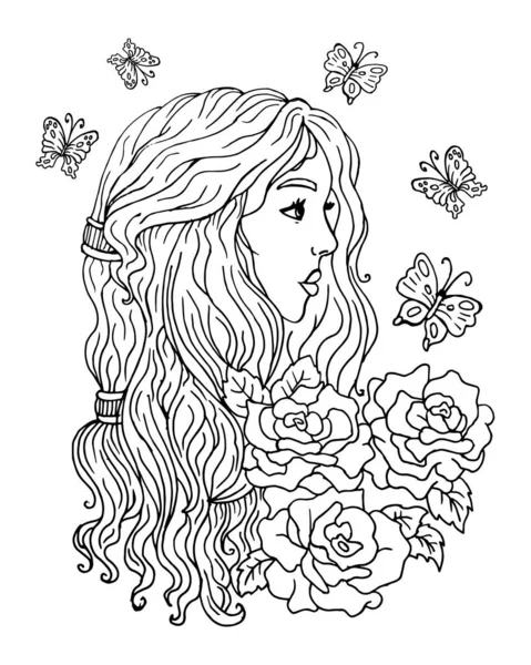 バラや蝶と長髪の女の子 スケッチ はがき ポスターのための黒と白のイラスト — ストックベクタ