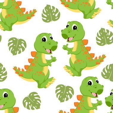 Kusursuz desenler, sevimli yeşil dinozorlar ve tropikal yapraklar. Çocuklar için dekor, tekstil, kapak, yazdırma