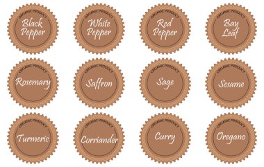 Baharat ve yiyecek için baharat içeren bir etiket seti. Simgeler, yazdırın. Üreticiler için zarif tasarım