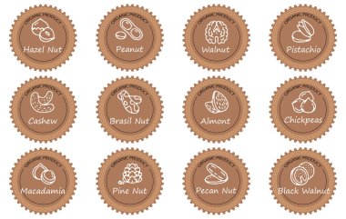 Etiketler, fındıklar ve isimleri. Süslü yuvarlak kahverengi etiketler. Paketleme için tasarım