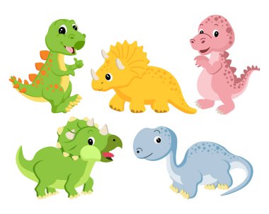 Bir grup komik dinozor çizmiş. Çocuklar için çıkartmalar, tatiller için dekor, kartpostallar