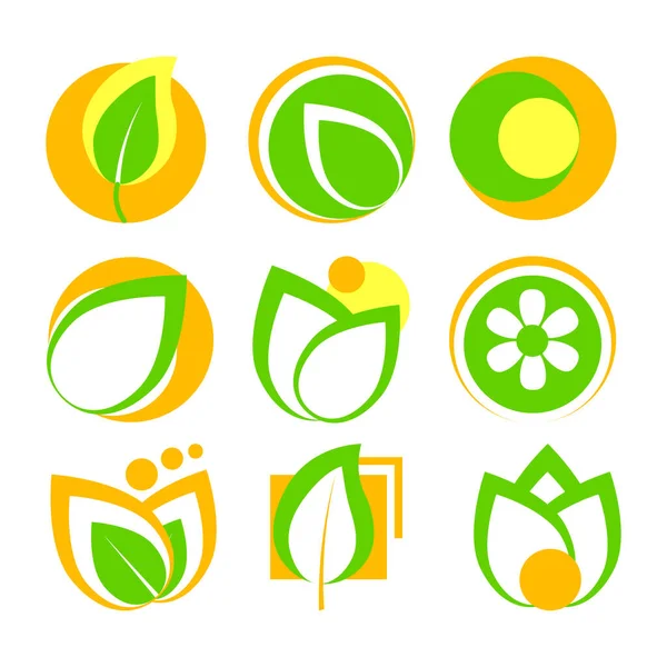 Egy Sor Ökológiai Ikonok Levelek Elvont Formák Sárga Zöld Színekben — Stock Vector