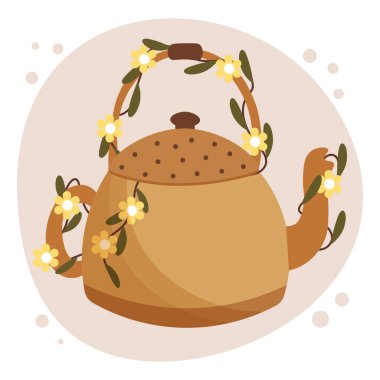 Çizim, çiçekli dallarla sarılı şirin çaydanlık, soyut bir arka planda. Kartpostal, poster