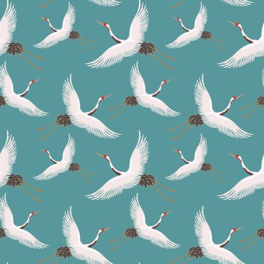 Kusursuz desen, mavi arka planda zarif beyaz leylekler. Tekstil, duvar kağıdı, baskı, ambalaj için dekor
