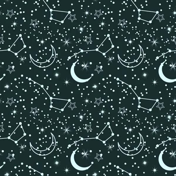 Patrón Sin Costuras Diferentes Estrellas Luna Constelaciones Colores Claros Oscuro — Archivo Imágenes Vectoriales