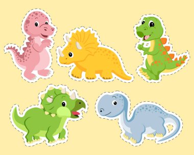 Çocuklar için çıkartmalar, komik bebek dinozorlar çizilmiş. Tatil dekorasyonu, doğum günü partisi için dekorasyon