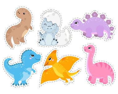 Çocuklar için çıkartmalar, komik bebek dinozorlar çizilmiş. Tatil dekorasyonu, doğum günü partisi için dekorasyon