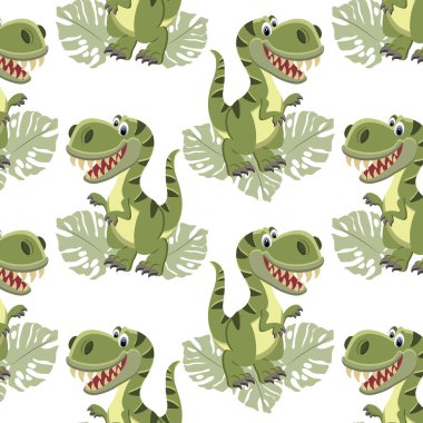 Kusursuz desen, sevimli yeşil dinozor ve beyaz arka planda tropikal yapraklar. Çocuklar için tekstil, duvar kağıdı, kapak.
