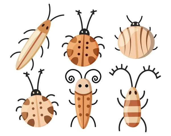 Set Drawn Cute Funny Beetles Beige Brown Colors Stickers Kids — Stock Vector