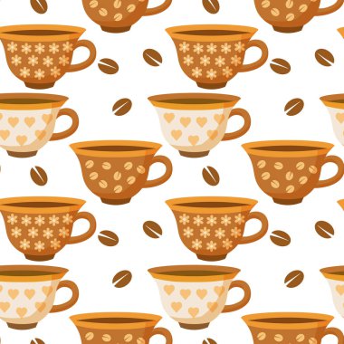 Kusursuz desenler, desenli kahve fincanları kahverengi ve bej tonları olan kahve çekirdekleri. Mutfak dekoru, tekstil, baskı.
